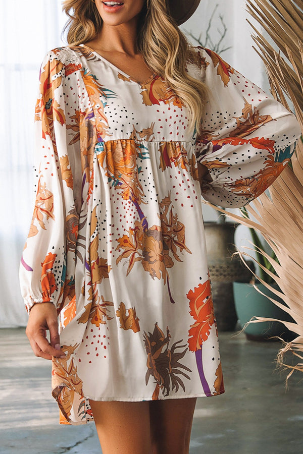 Printed V-Neck Balloon Sleeve Mini Dress | Trendsi