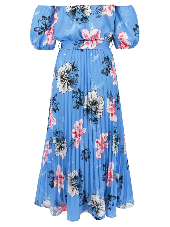 Pleated Floral Off-Shoulder Short Sleeve Midi Dress | Trendsi