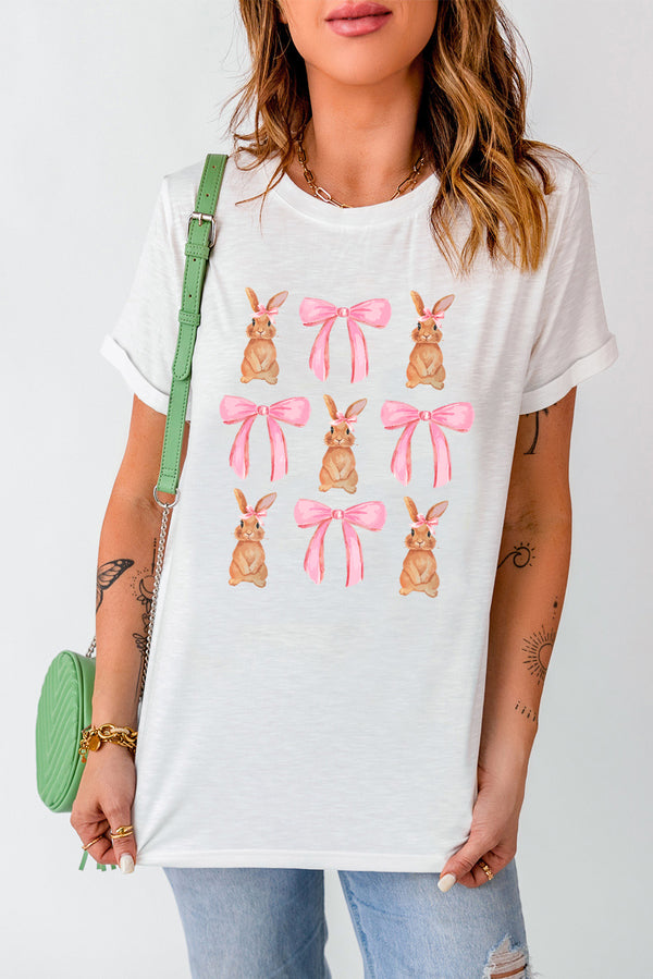 Rabbit & Bow Round Neck Short Sleeve T-Shirt | Trendsi