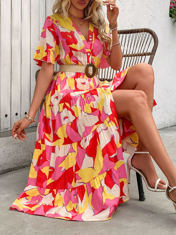 Printed V-Neck Flutter Sleeve Midi Dress | Trendsi