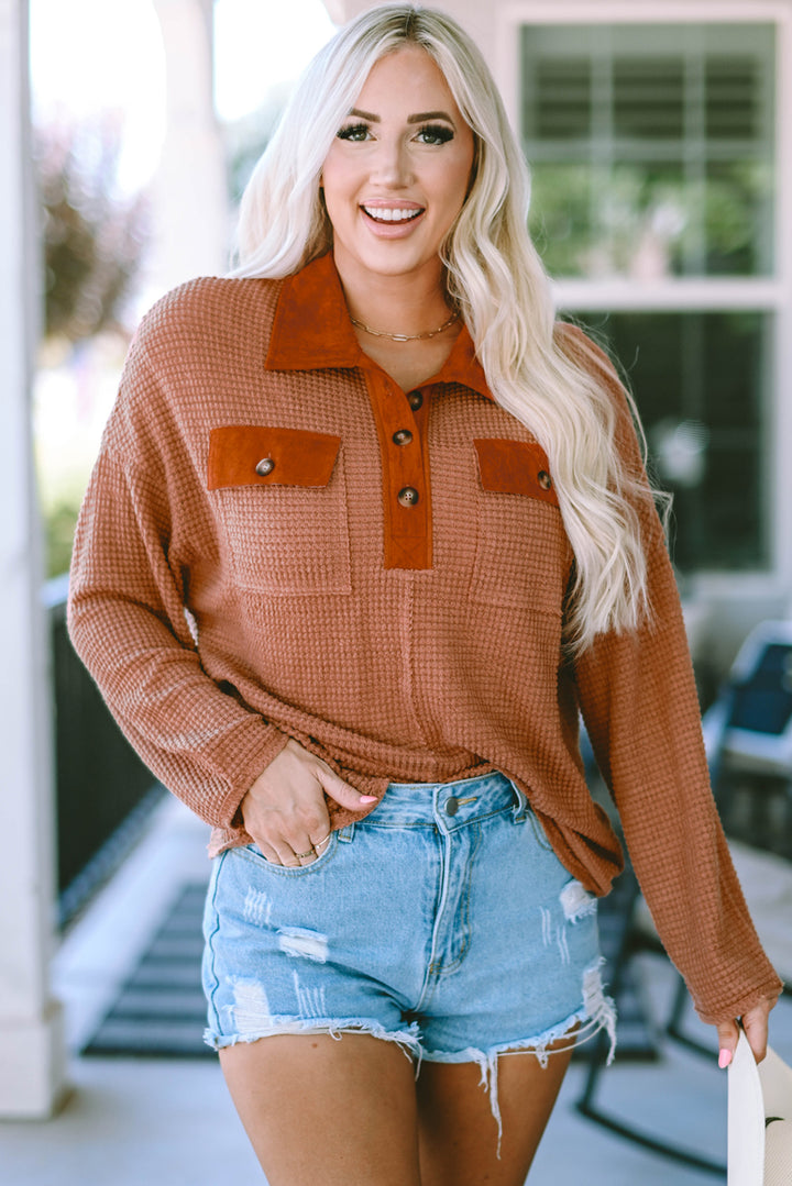 Half-Button Collared Long Sleeve Top | Trendsi