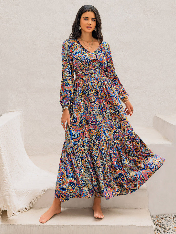 Printed Tie Neck Long Sleeve Midi Dress | Trendsi