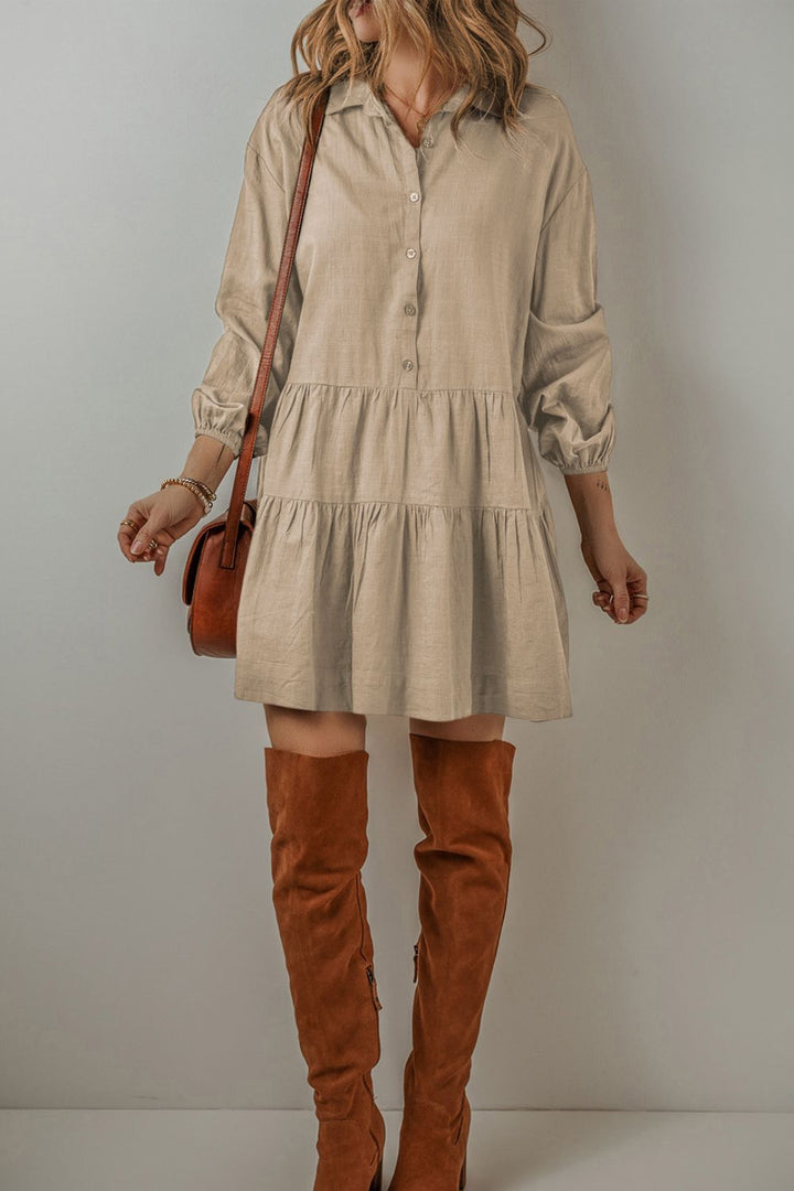 Tiered Collared Neck Balloon Sleeve Shirt Dress | Trendsi