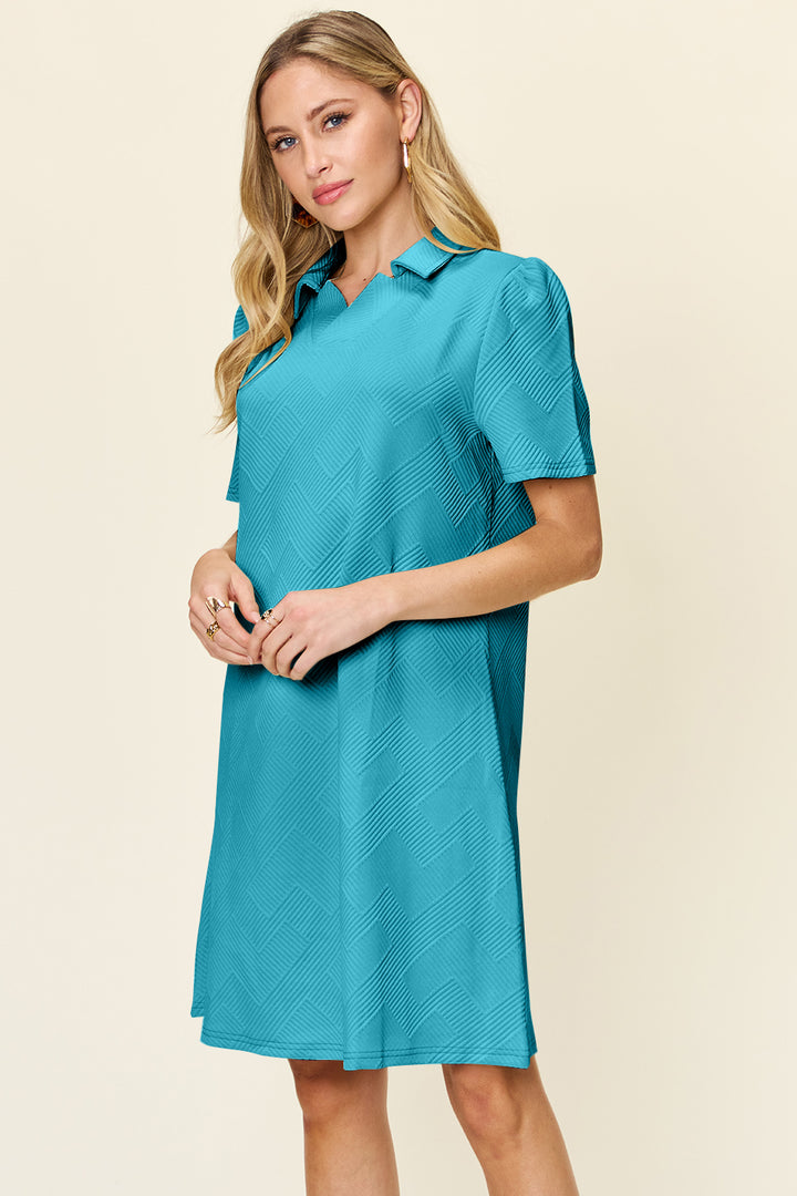 Double Take Full Size Texture Collared Neck Short Sleeve Dress | Trendsi