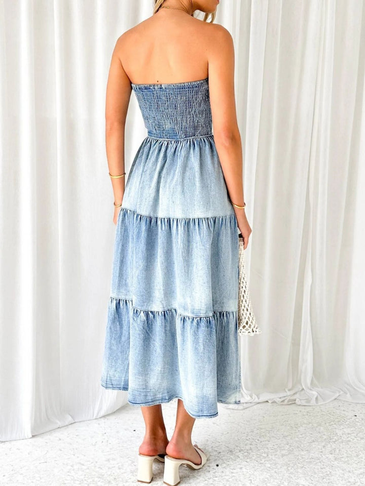 Slit Smocked Tube Tiered Denim Dress | Trendsi