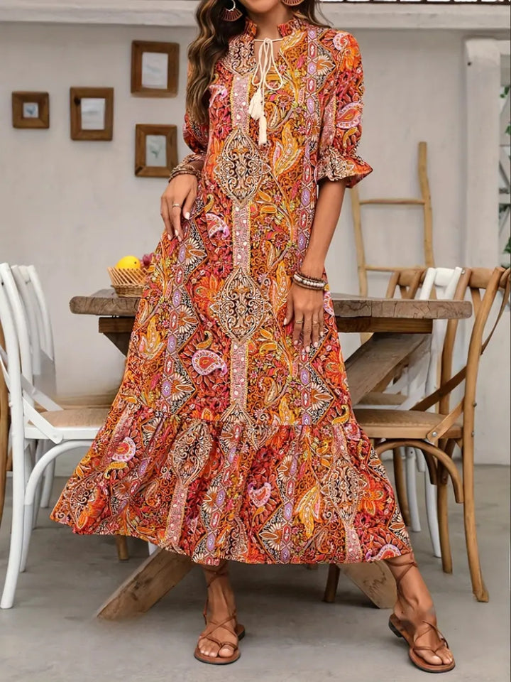 Printed Tie Neck Flounce Sleeve Midi Dress | Trendsi