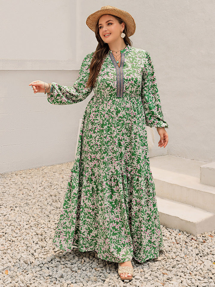 Plus Size Printed Notched Long Sleeve Maxi Dress | Trendsi