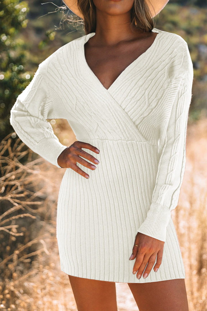 Cable-Knit Surplice Lantern Sleeve Sweater Dress | Trendsi