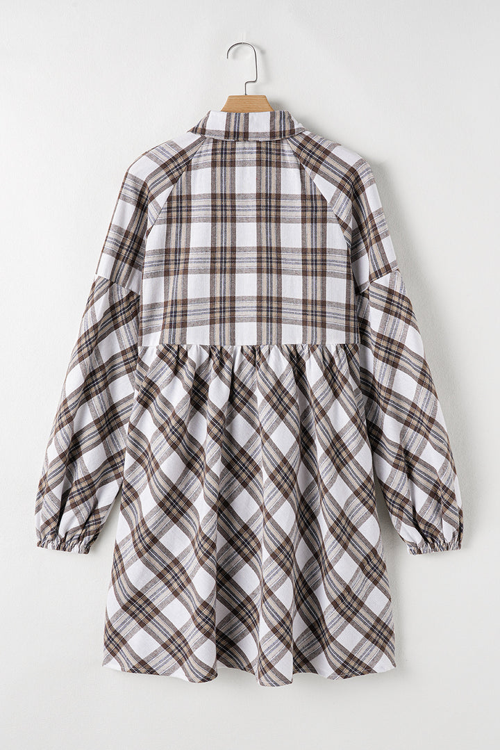 Full Size Plaid Collared Neck Balloon Sleeve Mini Shirt Dress | Trendsi