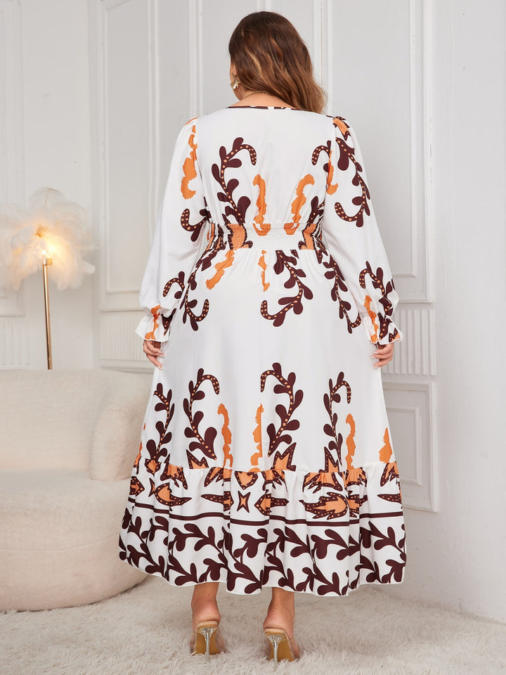 Plus Size Printed Surplice Flounce Sleeve Dress | Trendsi