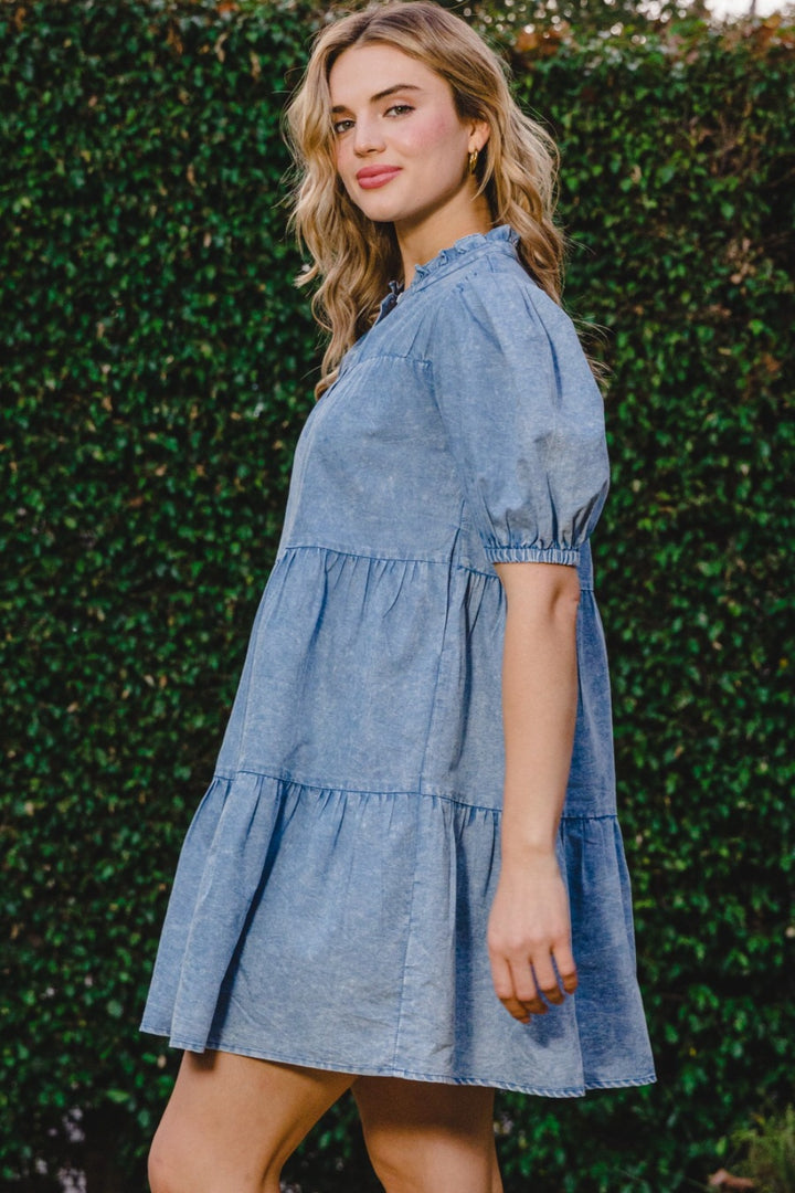 ODDI Washed Tiered Mini Denim Dress | Trendsi