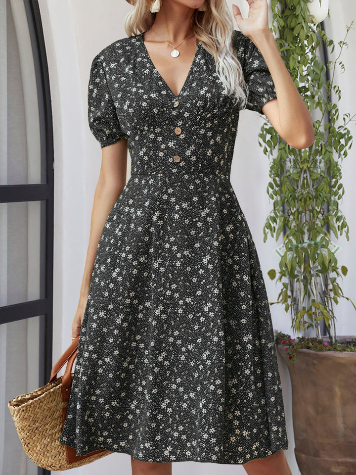 Printed V-Neck Short Sleeve Dress | Trendsi