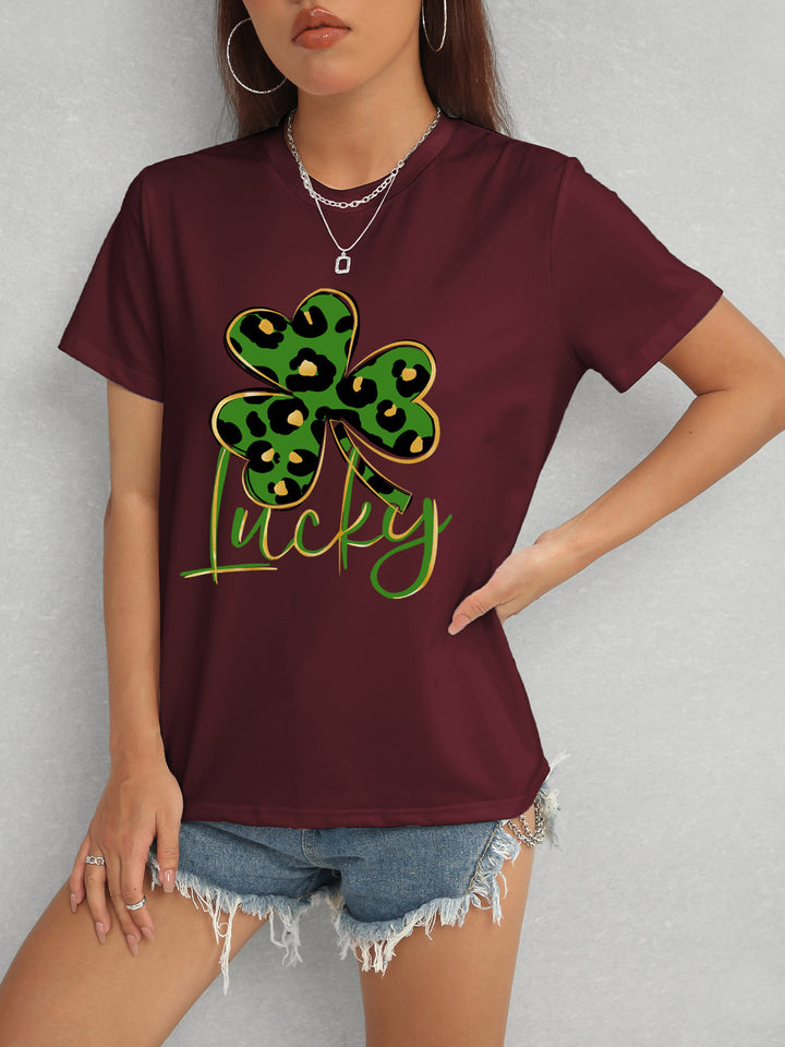 Lucky Clover Round Neck Short Sleeve T-Shirt | Trendsi