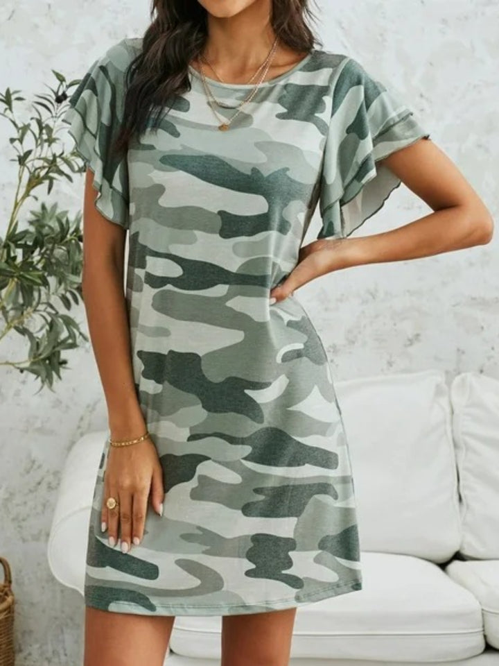 Camouflage Round Neck Short Sleeve Mini Dress | Trendsi