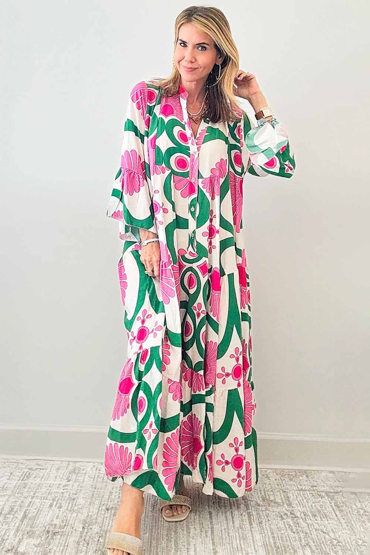 Printed Notched Long Sleeve Maxi Dress | Trendsi