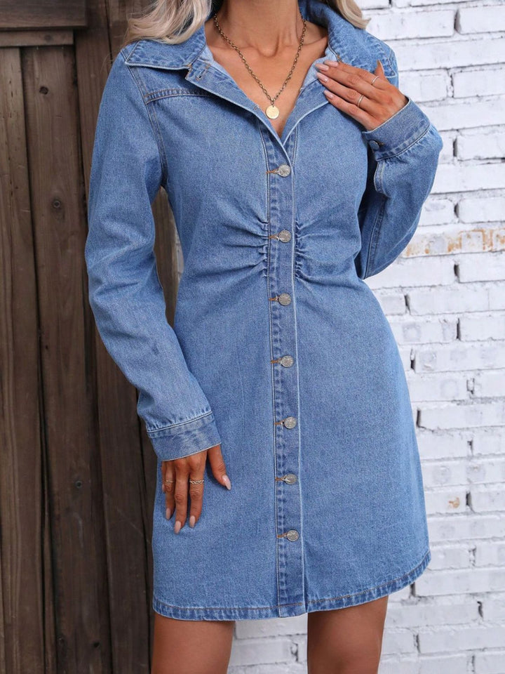 Ruched Button Up Long Sleeve Denim Dress | Trendsi