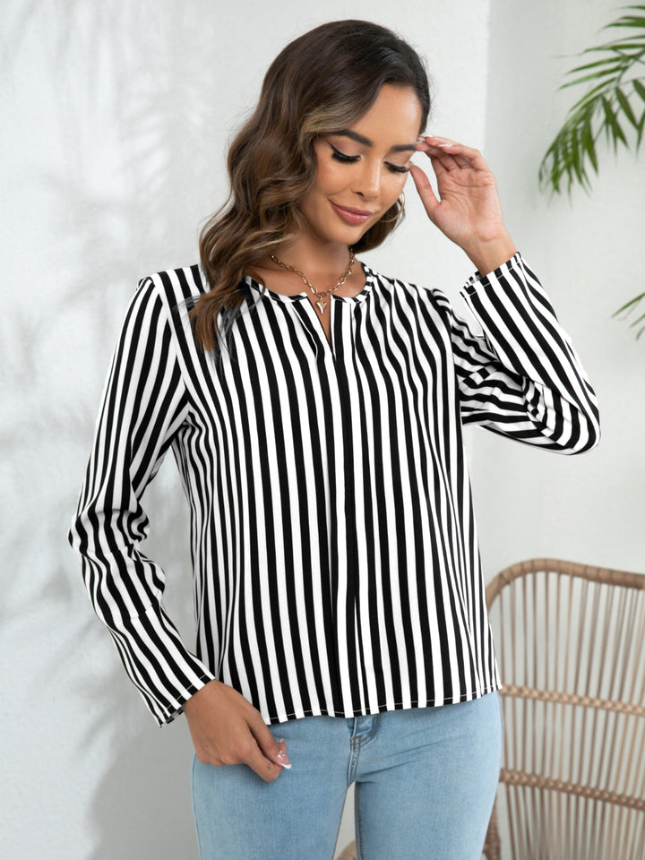 Striped Long Sleeve Notched Blouse | Trendsi