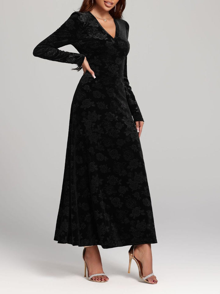 Rose Print V-Neck Long Sleeve Dress | Trendsi