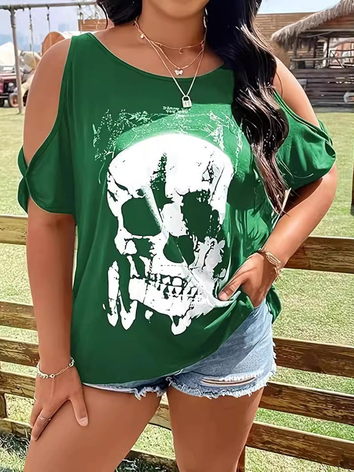 Plus Size Skeleton Graphic Round Neck Cold Shoulder T-Shirt | Trendsi