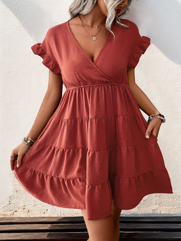 Tiered Surplice Flounce Sleeve Mini Dress | Trendsi