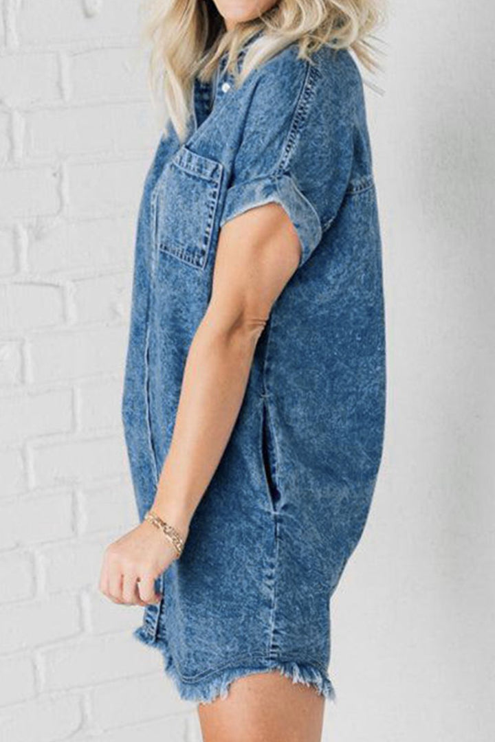 Raw Hem Pocketed Cap Sleeve Denim Dress | Trendsi