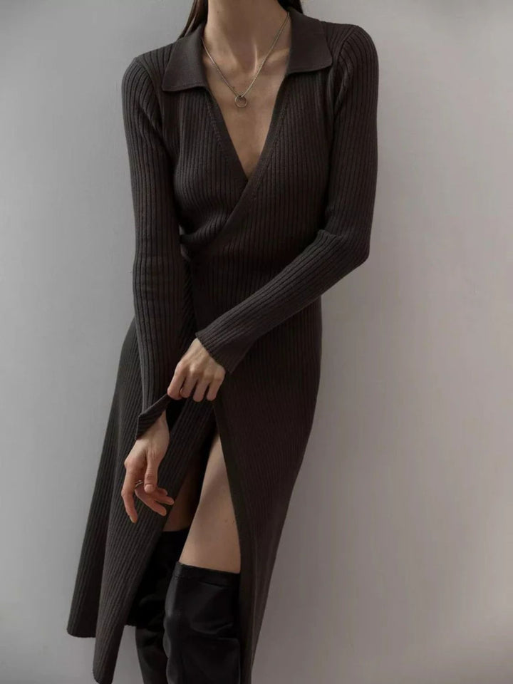 Tied Collared Neck Long Sleeve Sweater Dress | Trendsi