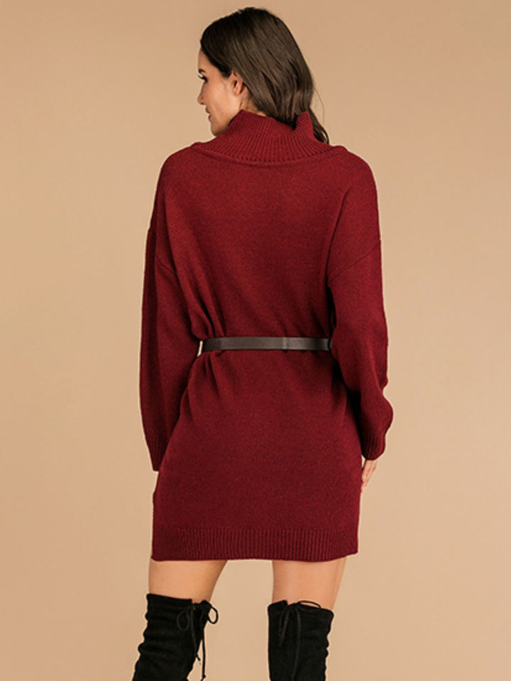 Perfee Slit Turtleneck Long Sleeve Mini Sweater Dress | Trendsi