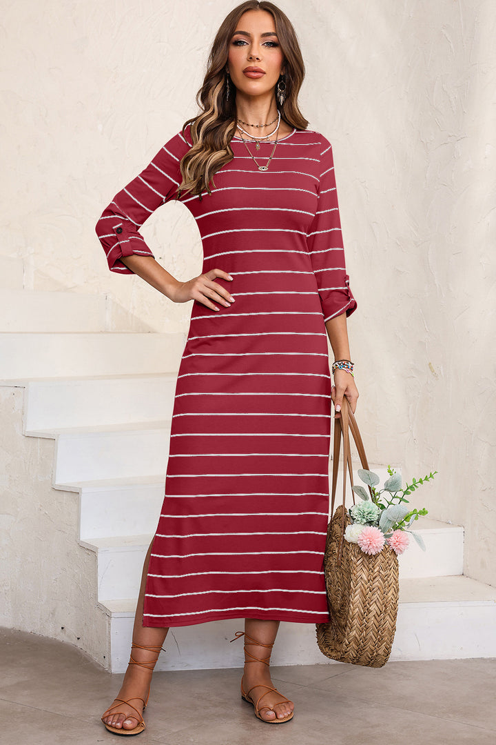 Slit Striped Round Neck Midi Dress | Trendsi