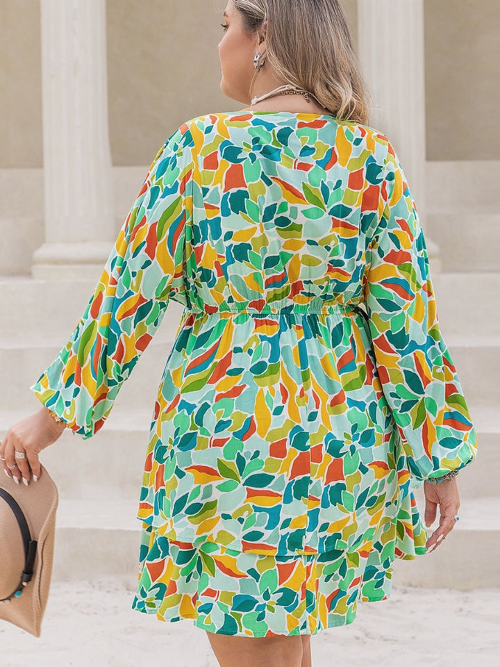 Plus Size Printed Surplice Long Sleeve Mini Dress | Trendsi