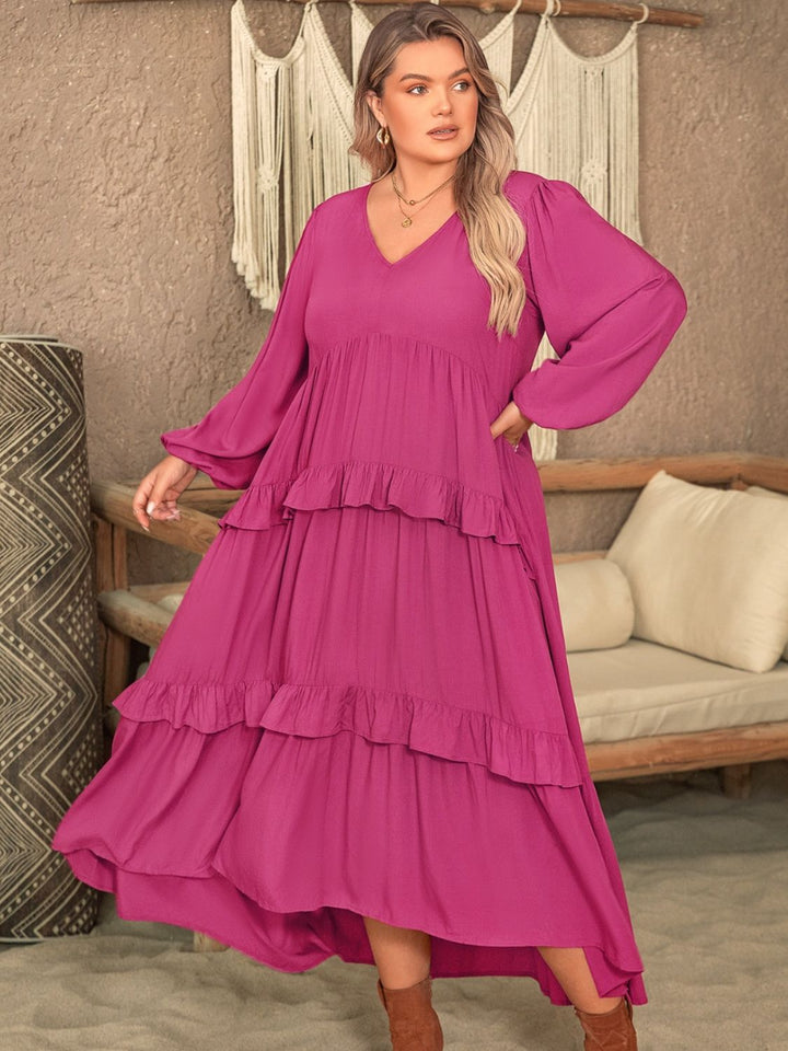 Plus Size Ruffled V-Neck Long Sleeve Dress | Trendsi