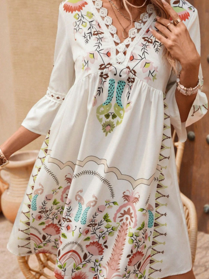 Lace Detail Printed Three-Quarter Sleeve Dress | Trendsi