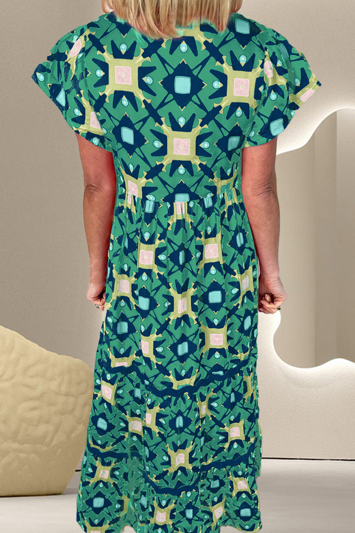 Printed Notched Cap Sleeve Dress | Trendsi