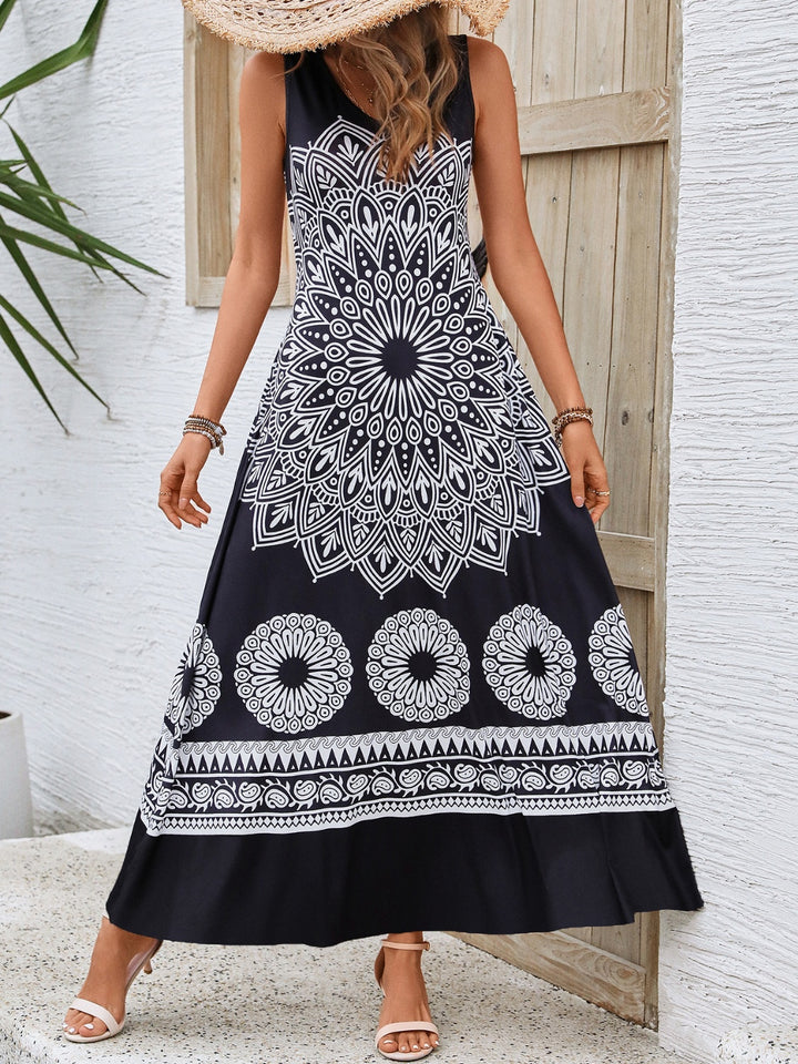 Printed Round Neck Sleeveless Dress | Trendsi