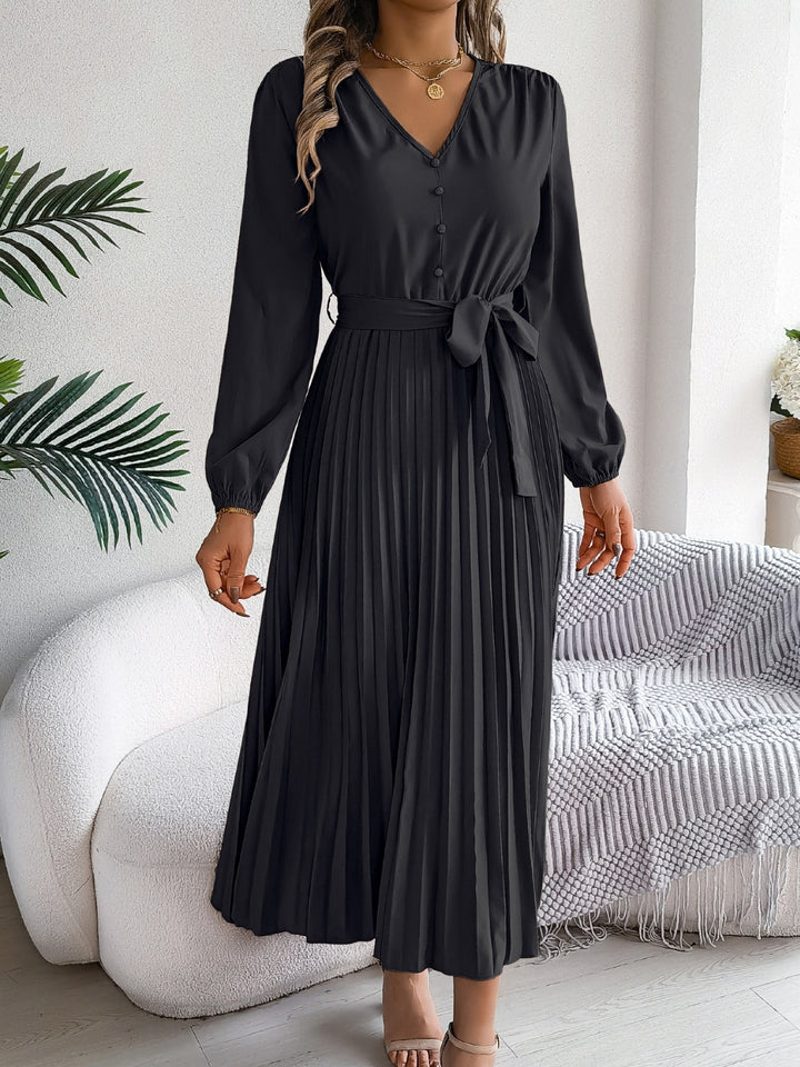 Pleated Tied V-Neck Long Sleeve Dress | Trendsi