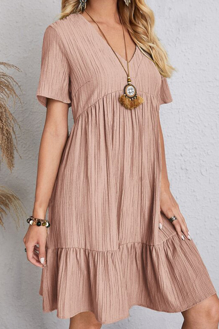 Full Size Ruched V-Neck Short Sleeve Dress | Trendsi