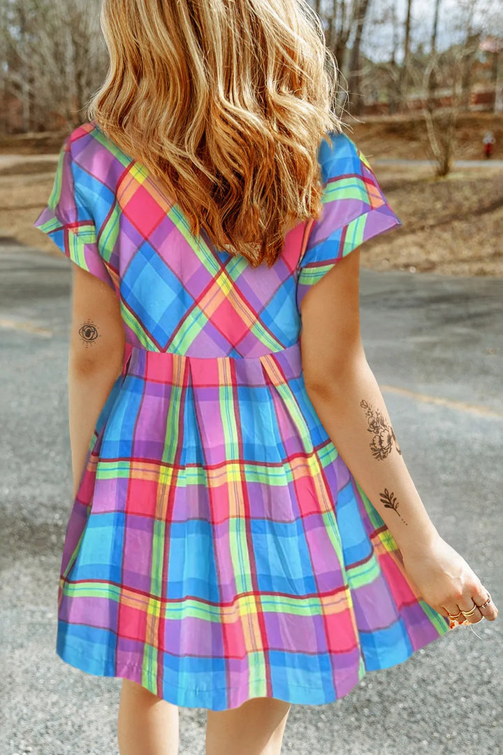 Plaid Notched Short Sleeve Mini Dress | Trendsi