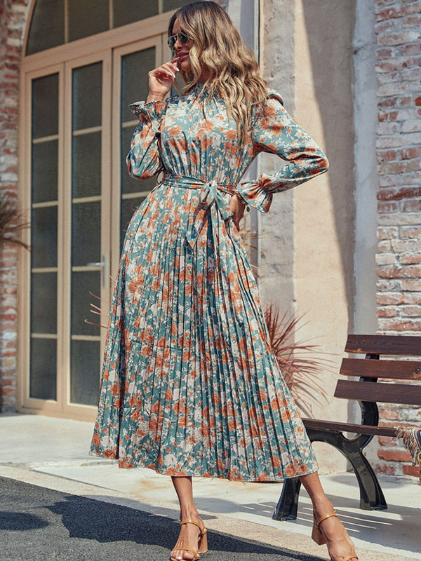 Perfee Tied Pleated Printed Mock Neck Long Sleeve Dress | Trendsi