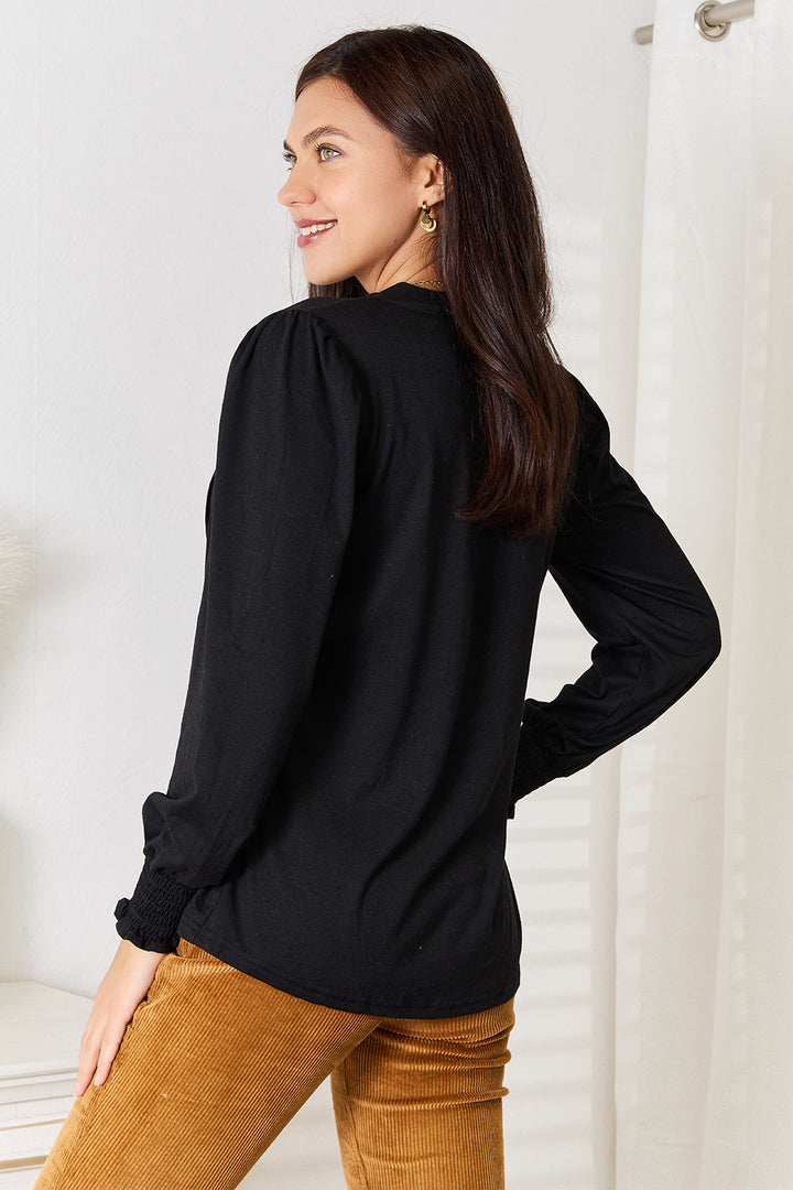 Mandy Ruched Notched Neck Puff Sleeve Blouse | Trendsi