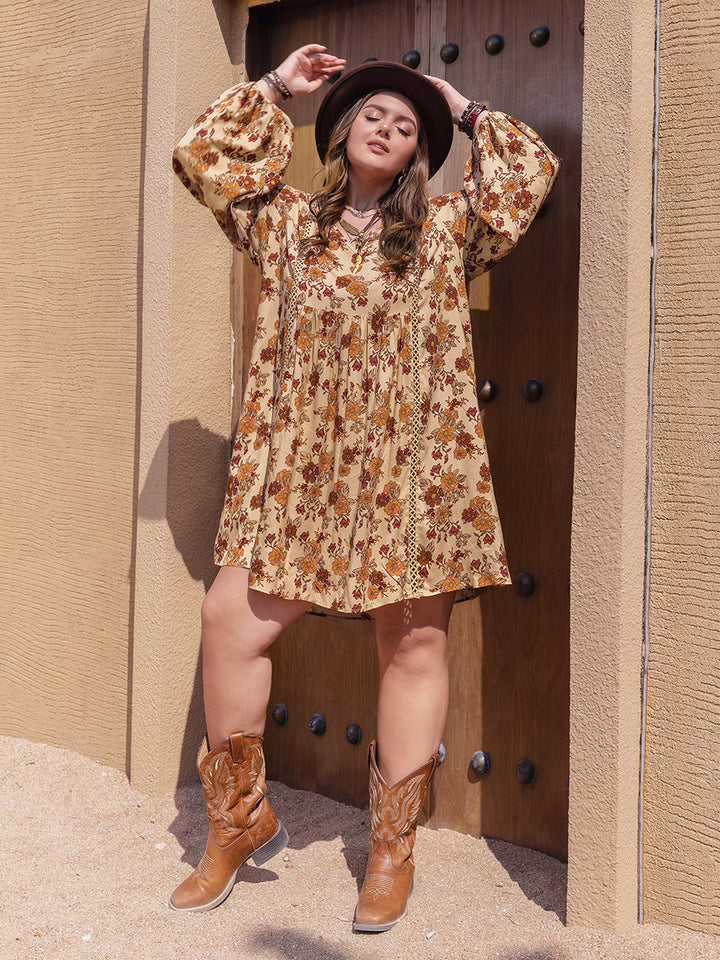 Plus Size Printed V-Neck Balloon Sleeve Mini Dress | Trendsi