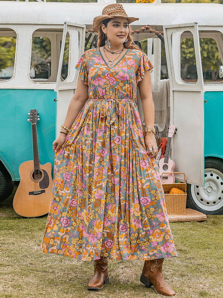 Plus Size Ruffled Printed Cap Sleeve Dress | Trendsi