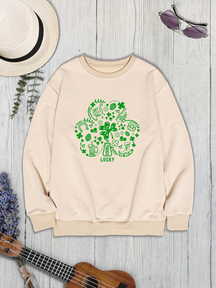 Lucky Clover Round Neck Sweatshirt | Trendsi