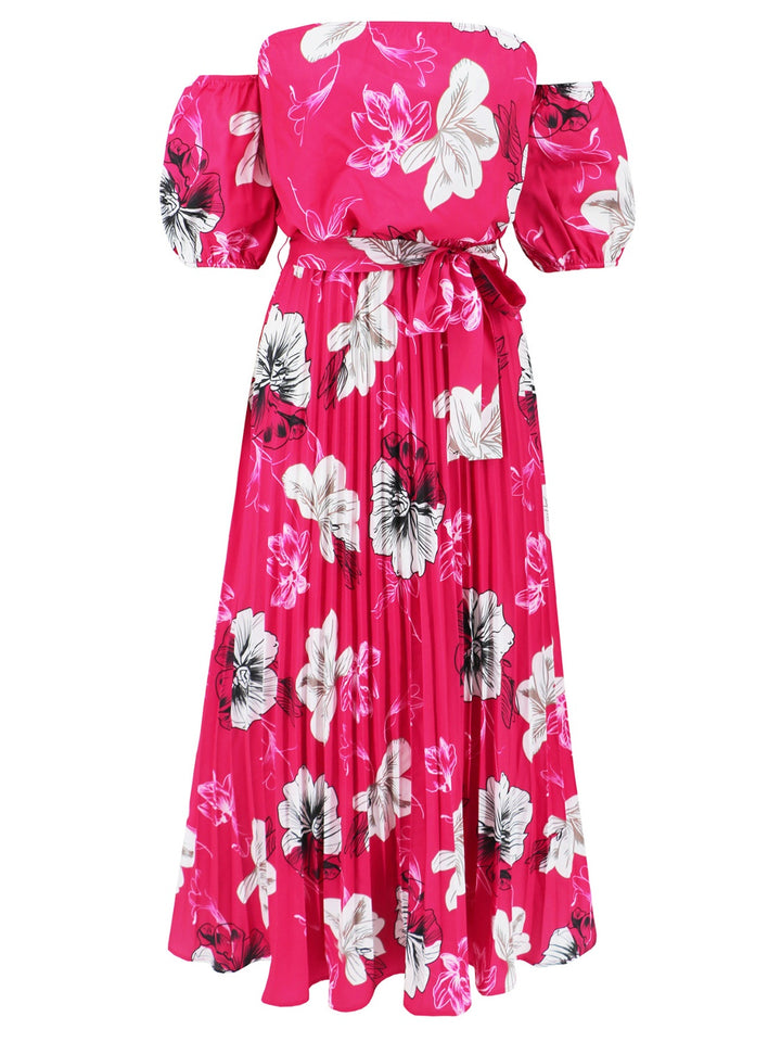 Pleated Floral Off-Shoulder Short Sleeve Midi Dress | Trendsi