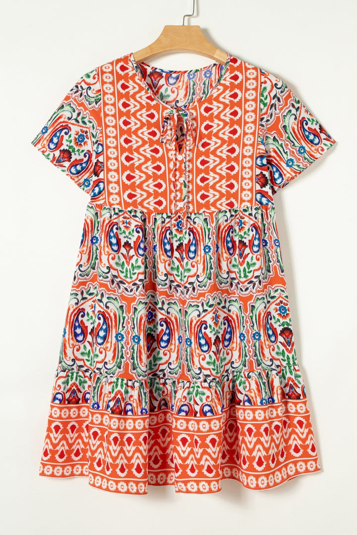 Printed Tie Neck Short Sleeve Dress | Trendsi