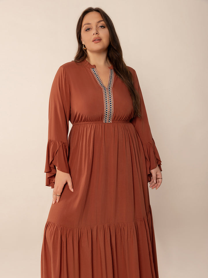 Plus Size Ruffled Notched Long Sleeve Midi Dress | Trendsi