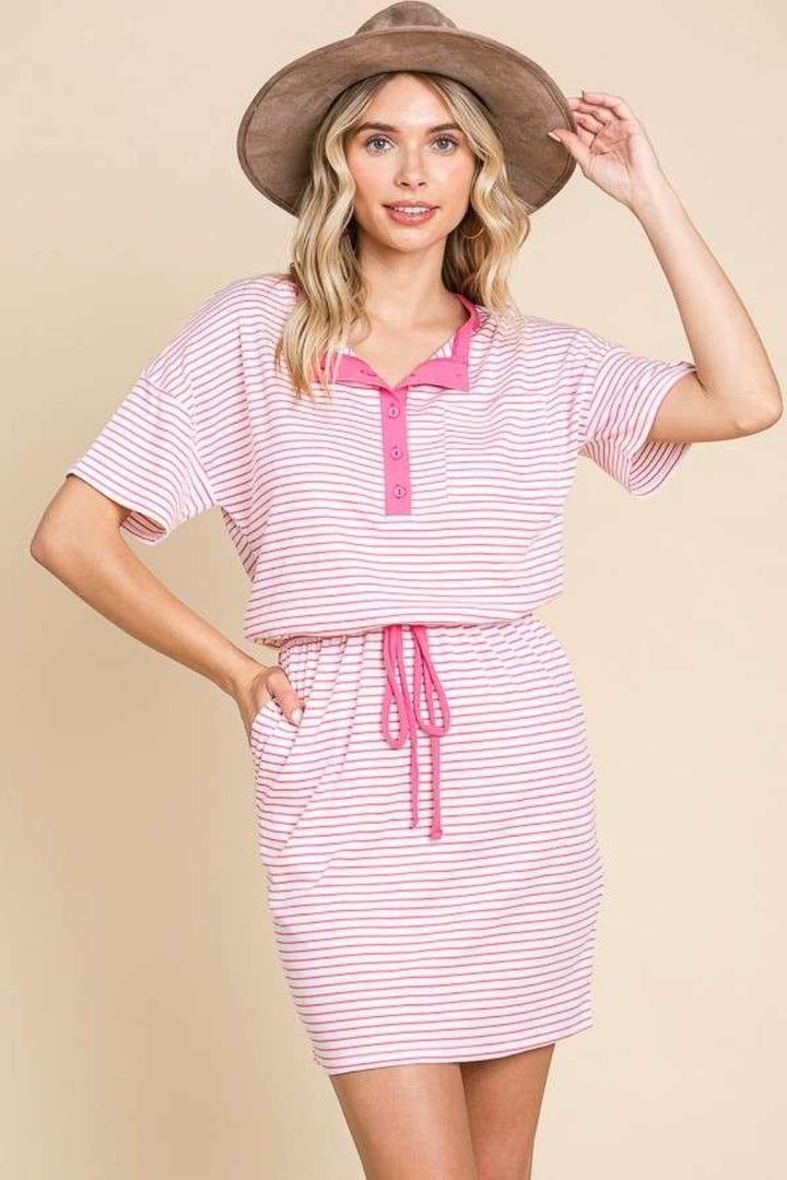 Culture Code Full Size Striped Short Sleeve Mini Dress with Pockets | Trendsi