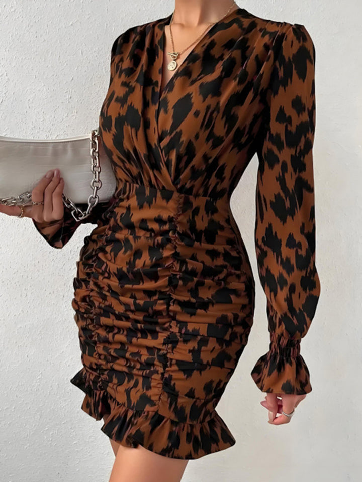 Ruched Ruffled Leopard Surplice Long Sleeve Dress | Trendsi