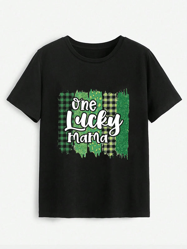 ONE LUCKY MAMA Round Neck T-Shirt | Trendsi