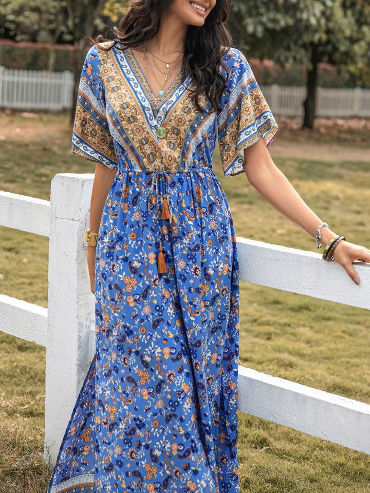 Slit Printed V-Neck Half Sleeve Maxi Dress | Trendsi