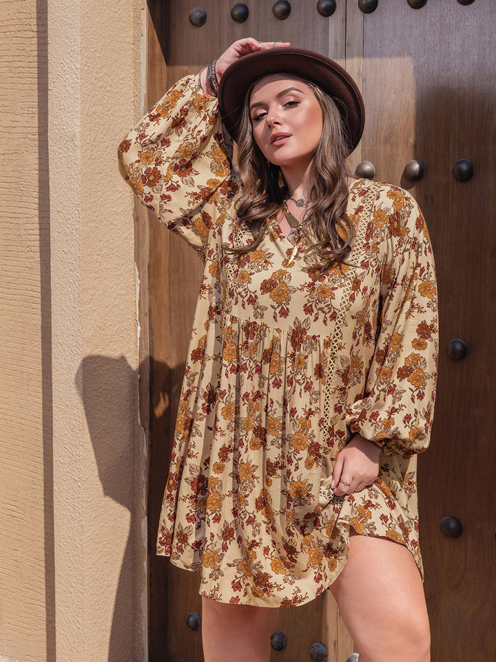 Plus Size Printed V-Neck Balloon Sleeve Mini Dress | Trendsi