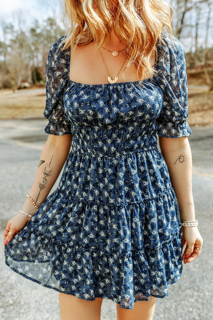 Printed Square Neck Short Sleeve Dress | Trendsi